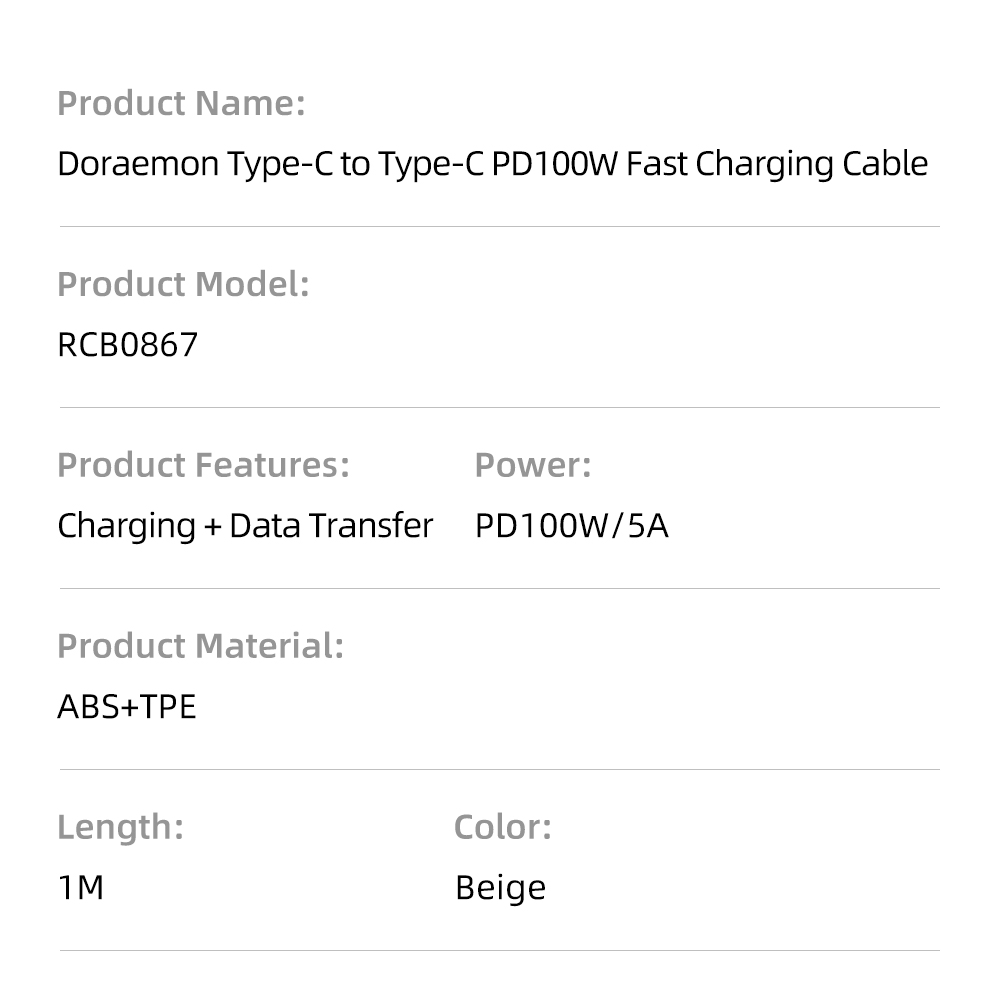 REGO Communication Sdn Bhd - Rock Space | ROCK Doraemon USB Type C Lightning Fast Charge Cable
