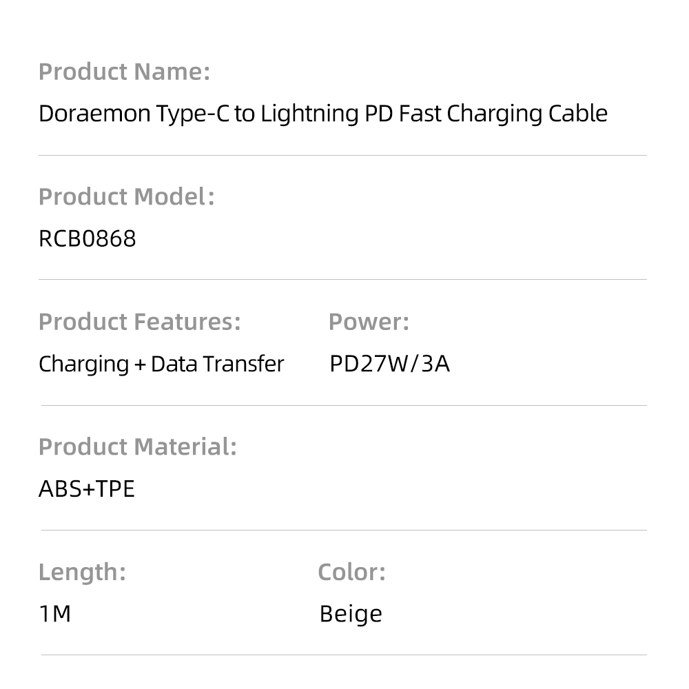 REGO Communication Sdn Bhd - Rock Space | ROCK Doraemon USB Type C Lightning Fast Charge Cable