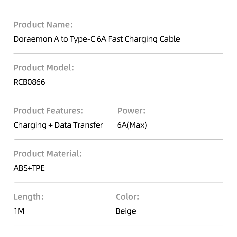 REGO Communication Sdn Bhd - Rock Space | ROCK Doraemon USB Type C Lightning Fast Charge Cable