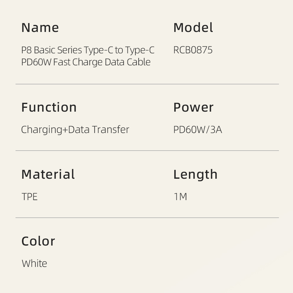 REGO Communication Sdn Bhd - Rock Space | ROCK P8 Basic series Type C to C Charging Cable