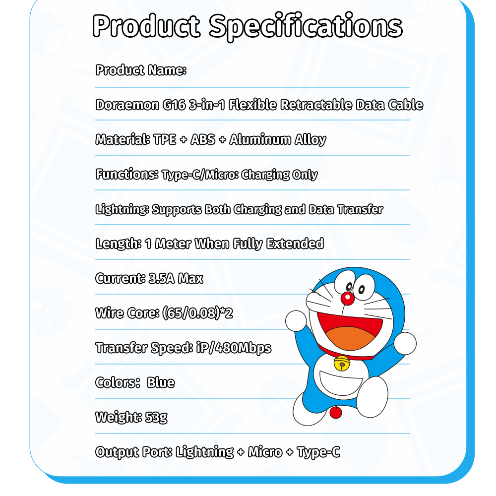 REGO Communication Sdn Bhd - Rock Space | ROCK Doraemon G16 3 in 1 Flexible Retractable Data Cable